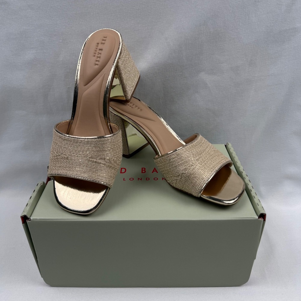 Ted Baker London Chloe Gold Metallic Raffia Block Heel Slide Sandals Women's 6